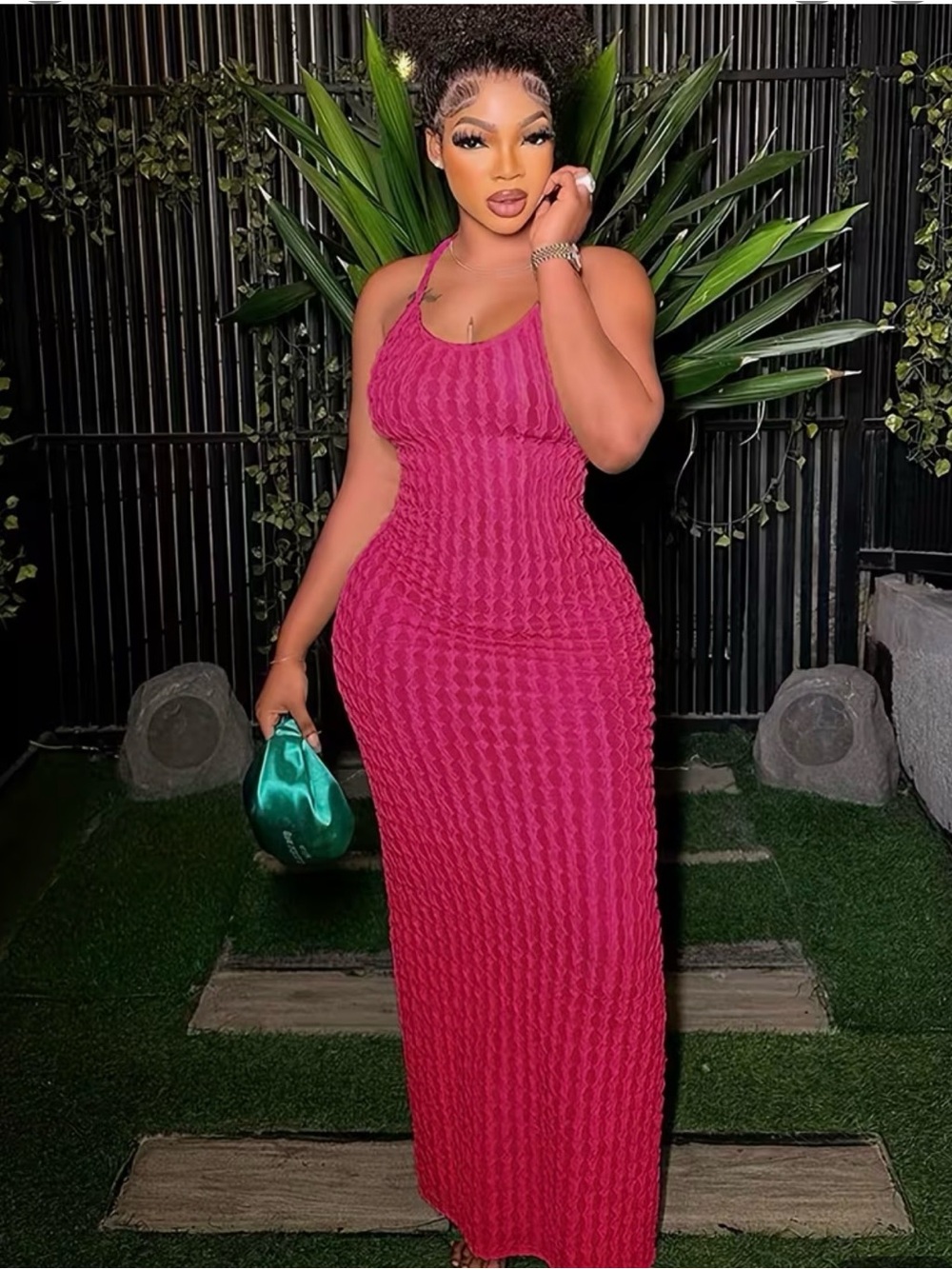 Fitted Fuchsia Maxi Dress with Scoop Neck - Women